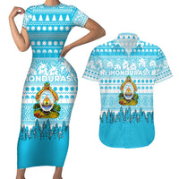 Honduras Christmas Couples Matching Short Sleeve Bodycon Dress and Hawaiian Shirt with National Emblem Palm Trees and Snowflake Pattern Design - Wonder Print Shop