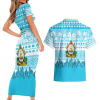 Honduras Christmas Couples Matching Short Sleeve Bodycon Dress and Hawaiian Shirt with National Emblem Palm Trees and Snowflake Pattern Design - Wonder Print Shop