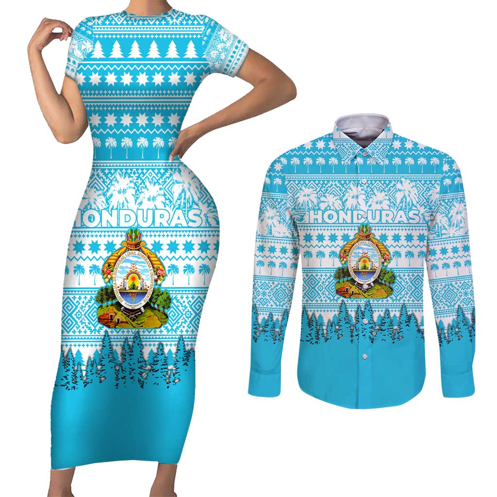 Honduras Christmas Couples Matching Short Sleeve Bodycon Dress and Long Sleeve Button Shirt with National Emblem Palm Trees and Snowflake Pattern Design - Wonder Print Shop