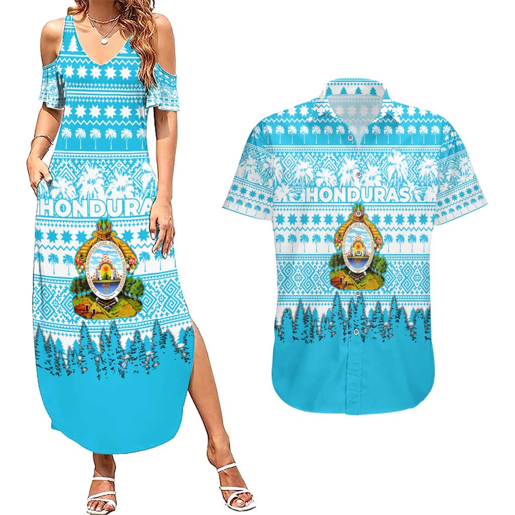 Honduras Christmas Couples Matching Summer Maxi Dress and Hawaiian Shirt with National Emblem Palm Trees and Snowflake Pattern Design - Wonder Print Shop