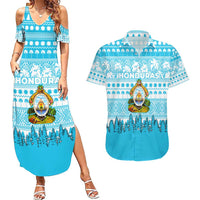 Honduras Christmas Couples Matching Summer Maxi Dress and Hawaiian Shirt with National Emblem Palm Trees and Snowflake Pattern Design - Wonder Print Shop