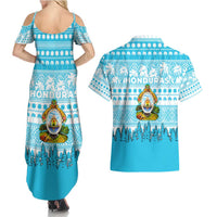 Honduras Christmas Couples Matching Summer Maxi Dress and Hawaiian Shirt with National Emblem Palm Trees and Snowflake Pattern Design - Wonder Print Shop