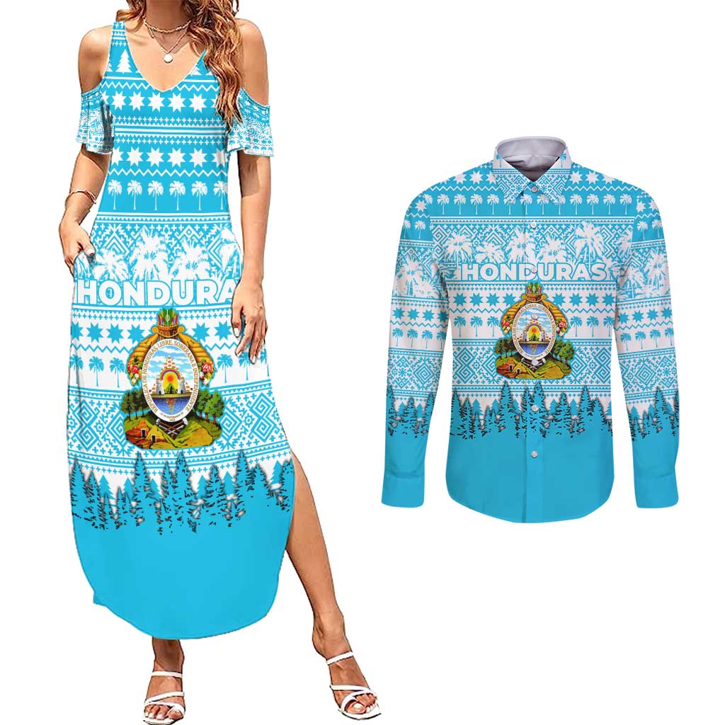Honduras Christmas Couples Matching Summer Maxi Dress and Long Sleeve Button Shirt with National Emblem Palm Trees and Snowflake Pattern Design - Wonder Print Shop