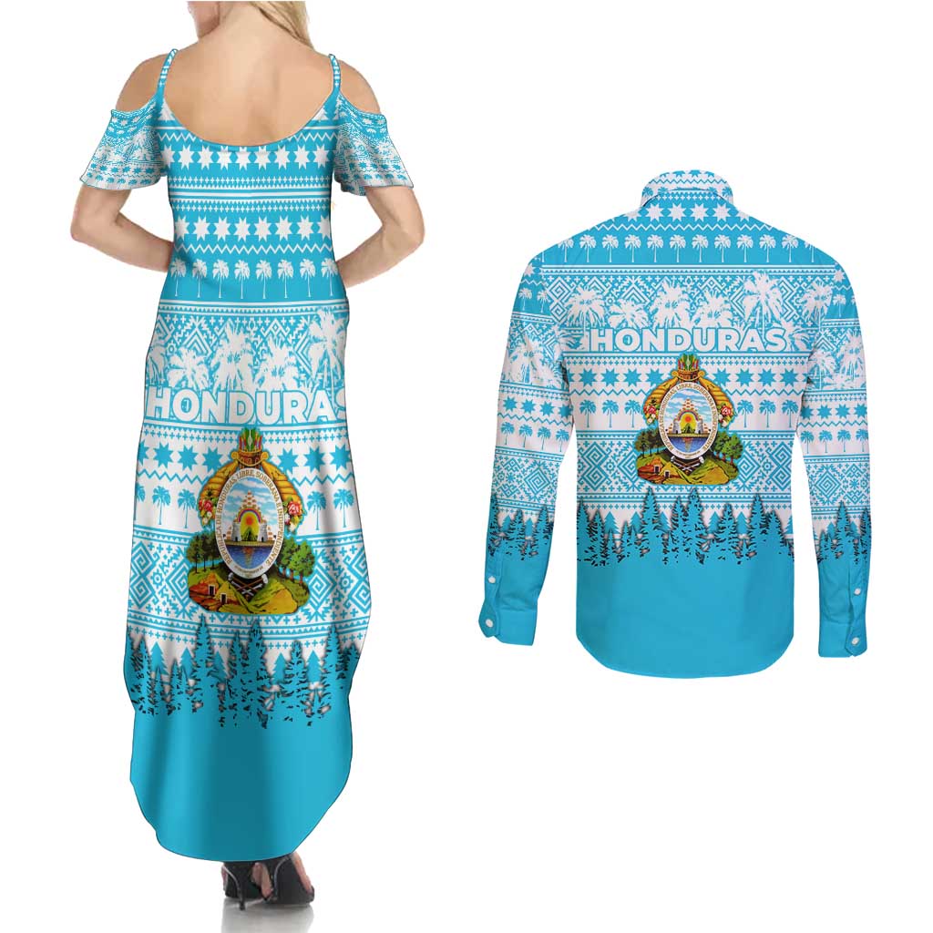 Honduras Christmas Couples Matching Summer Maxi Dress and Long Sleeve Button Shirt with National Emblem Palm Trees and Snowflake Pattern Design - Wonder Print Shop