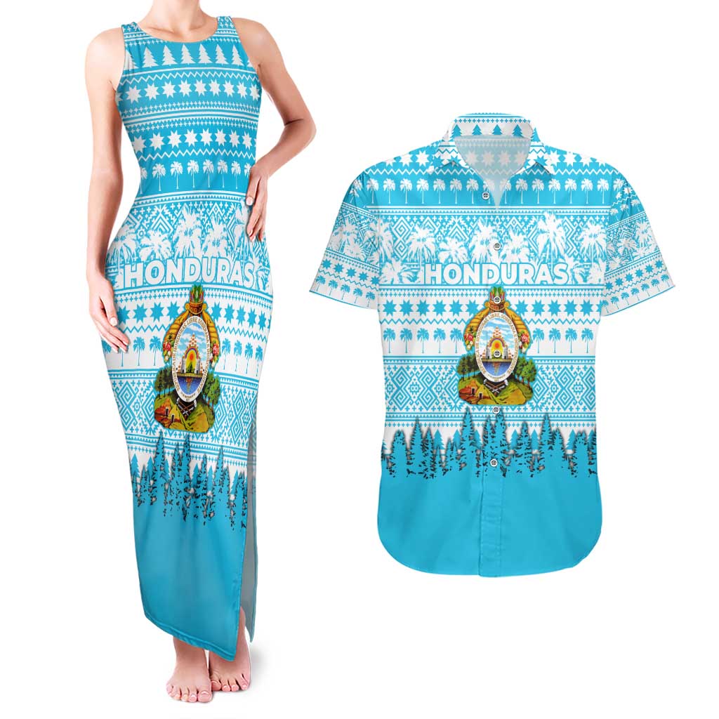 Honduras Christmas Couples Matching Tank Maxi Dress and Hawaiian Shirt with National Emblem Palm Trees and Snowflake Pattern Design - Wonder Print Shop