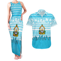 Honduras Christmas Couples Matching Tank Maxi Dress and Hawaiian Shirt with National Emblem Palm Trees and Snowflake Pattern Design - Wonder Print Shop