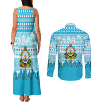 Honduras Christmas Couples Matching Tank Maxi Dress and Long Sleeve Button Shirt with National Emblem Palm Trees and Snowflake Pattern Design - Wonder Print Shop