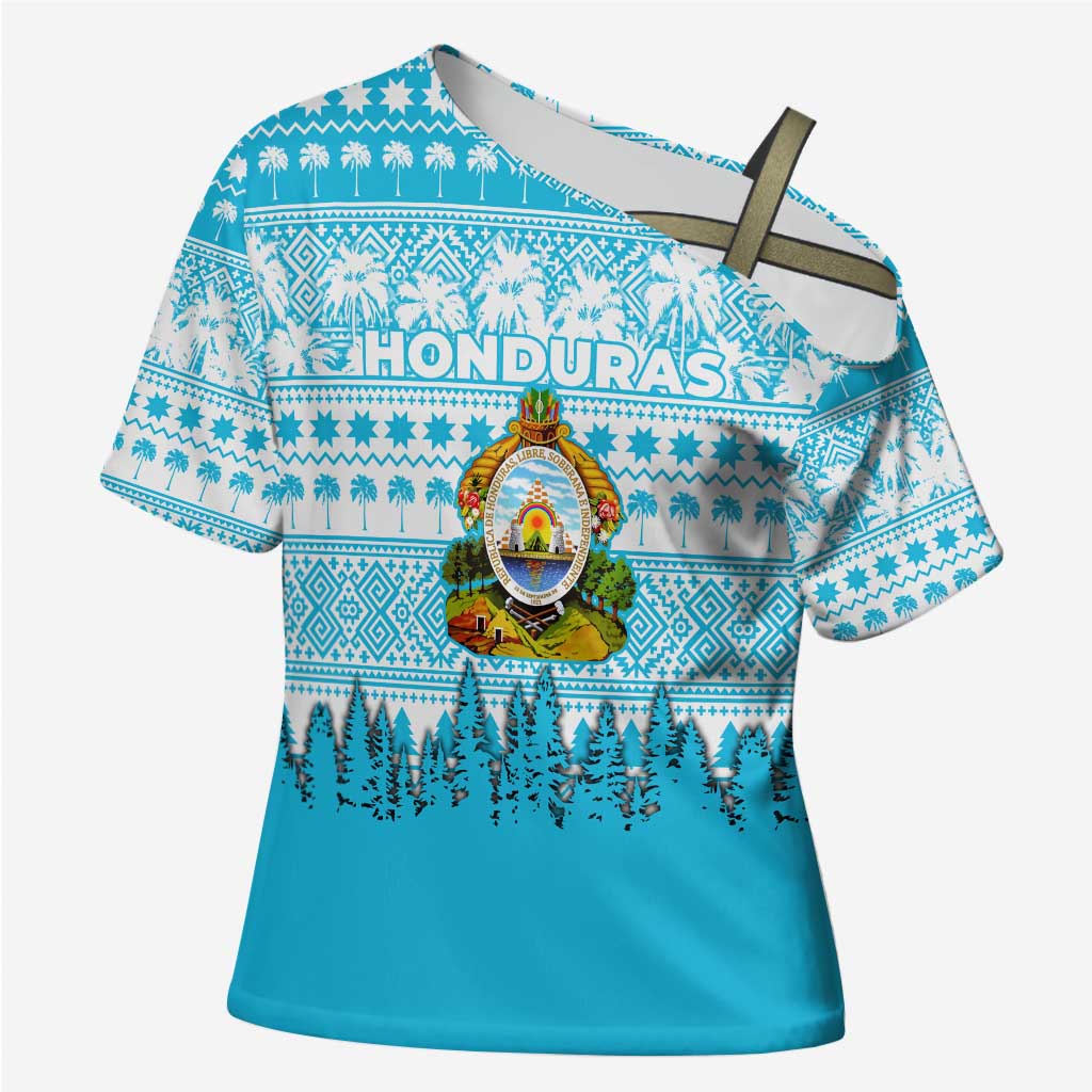 Honduras Christmas Cross Shoulder Shirt with National Emblem Palm Trees and Snowflake Pattern Design - Wonder Print Shop