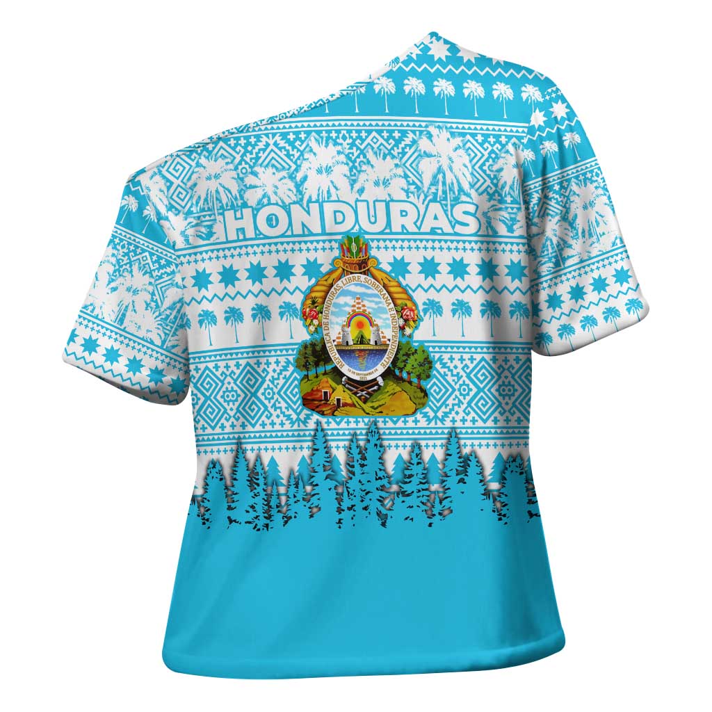 Honduras Christmas Cross Shoulder Shirt with National Emblem Palm Trees and Snowflake Pattern Design - Wonder Print Shop