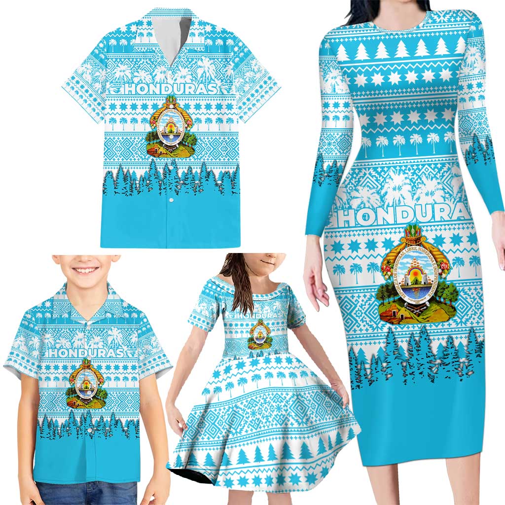 Honduras Christmas Family Matching Long Sleeve Bodycon Dress and Hawaiian Shirt with National Emblem Palm Trees and Snowflake Pattern Design - Wonder Print Shop