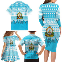 Honduras Christmas Family Matching Long Sleeve Bodycon Dress and Hawaiian Shirt with National Emblem Palm Trees and Snowflake Pattern Design - Wonder Print Shop