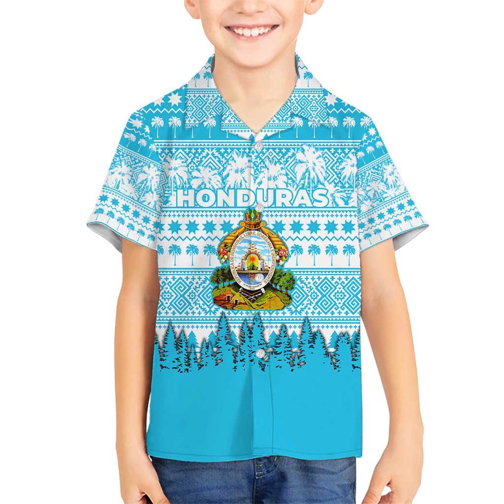 Honduras Christmas Family Matching Long Sleeve Bodycon Dress and Hawaiian Shirt with National Emblem Palm Trees and Snowflake Pattern Design - Wonder Print Shop
