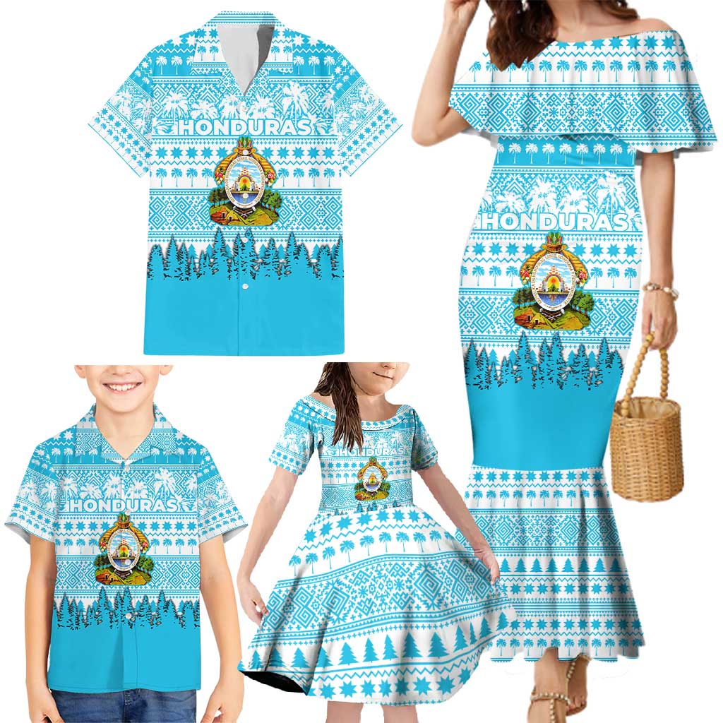 Honduras Christmas Family Matching Mermaid Dress and Hawaiian Shirt with National Emblem Palm Trees and Snowflake Pattern Design - Wonder Print Shop