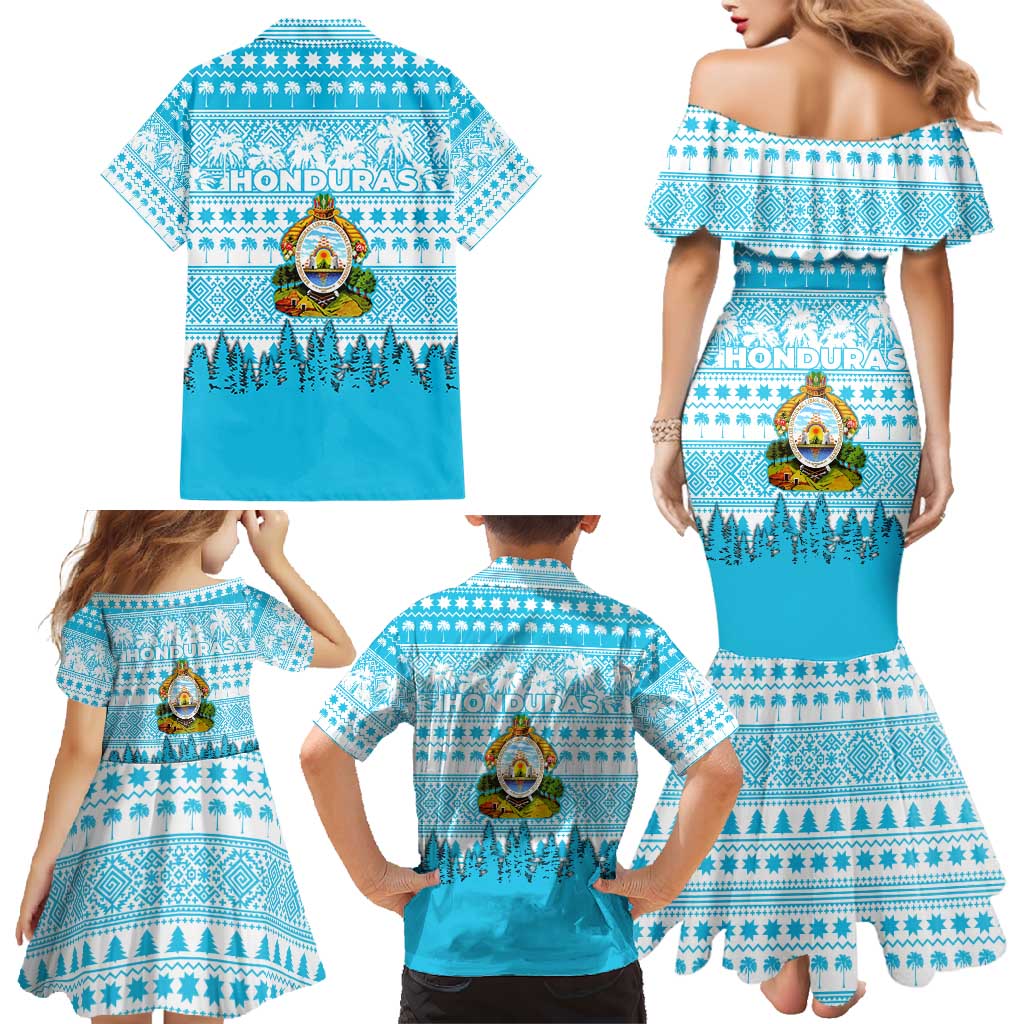 Honduras Christmas Family Matching Mermaid Dress and Hawaiian Shirt with National Emblem Palm Trees and Snowflake Pattern Design - Wonder Print Shop