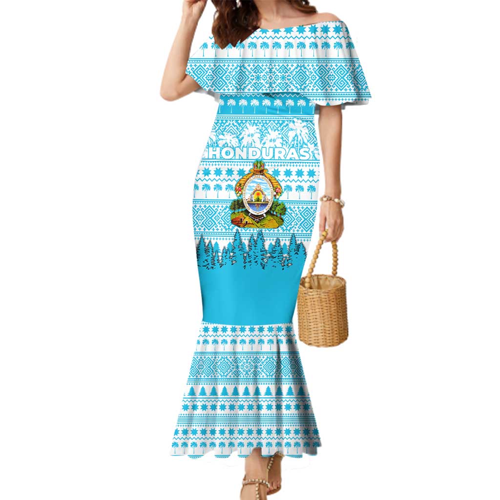 Honduras Christmas Family Matching Mermaid Dress and Hawaiian Shirt with National Emblem Palm Trees and Snowflake Pattern Design - Wonder Print Shop