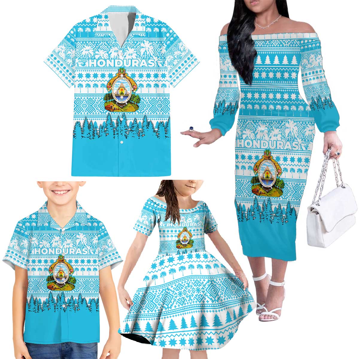 Honduras Christmas Family Matching Off The Shoulder Long Sleeve Dress and Hawaiian Shirt with National Emblem Palm Trees and Snowflake Pattern Design - Wonder Print Shop