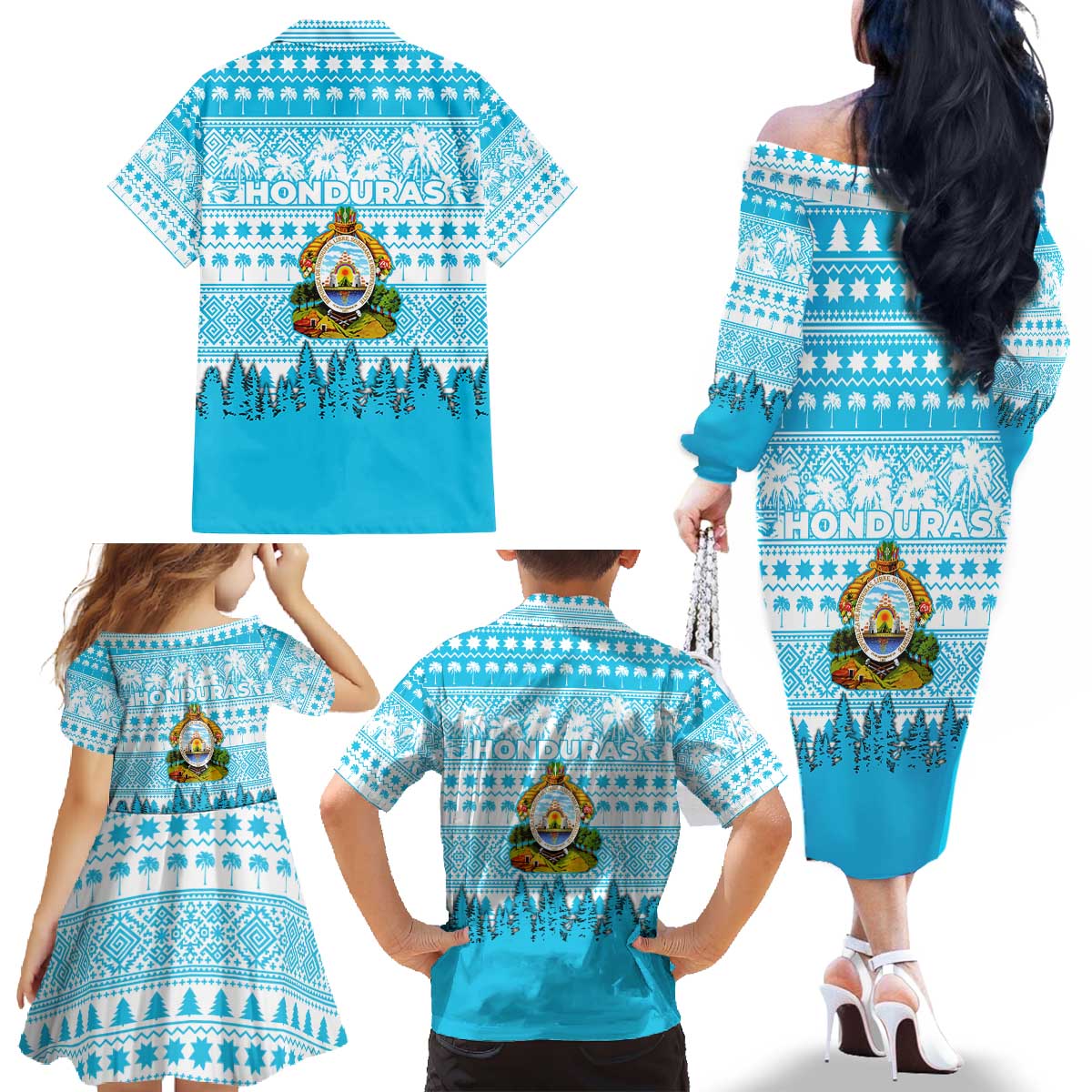 Honduras Christmas Family Matching Off The Shoulder Long Sleeve Dress and Hawaiian Shirt with National Emblem Palm Trees and Snowflake Pattern Design - Wonder Print Shop