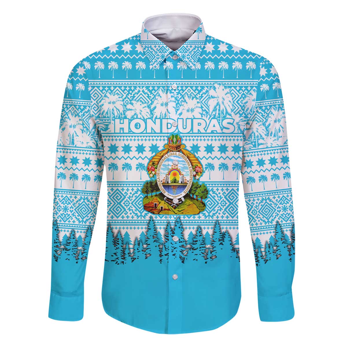 Honduras Christmas Family Matching Off The Shoulder Long Sleeve Dress and Hawaiian Shirt with National Emblem Palm Trees and Snowflake Pattern Design - Wonder Print Shop