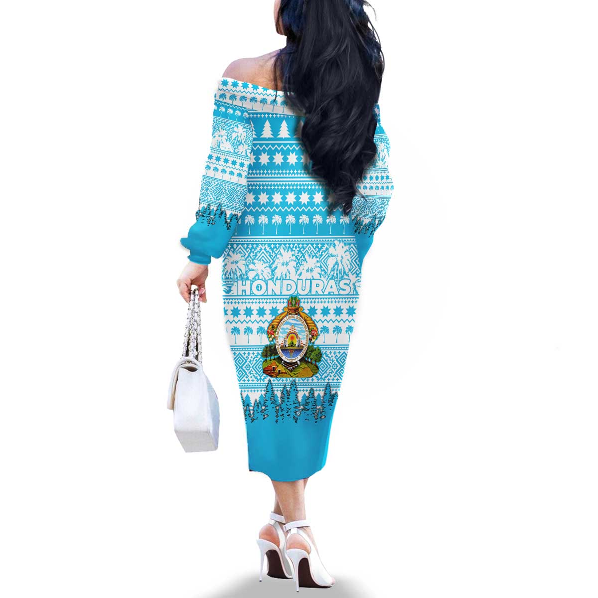 Honduras Christmas Family Matching Off The Shoulder Long Sleeve Dress and Hawaiian Shirt with National Emblem Palm Trees and Snowflake Pattern Design - Wonder Print Shop