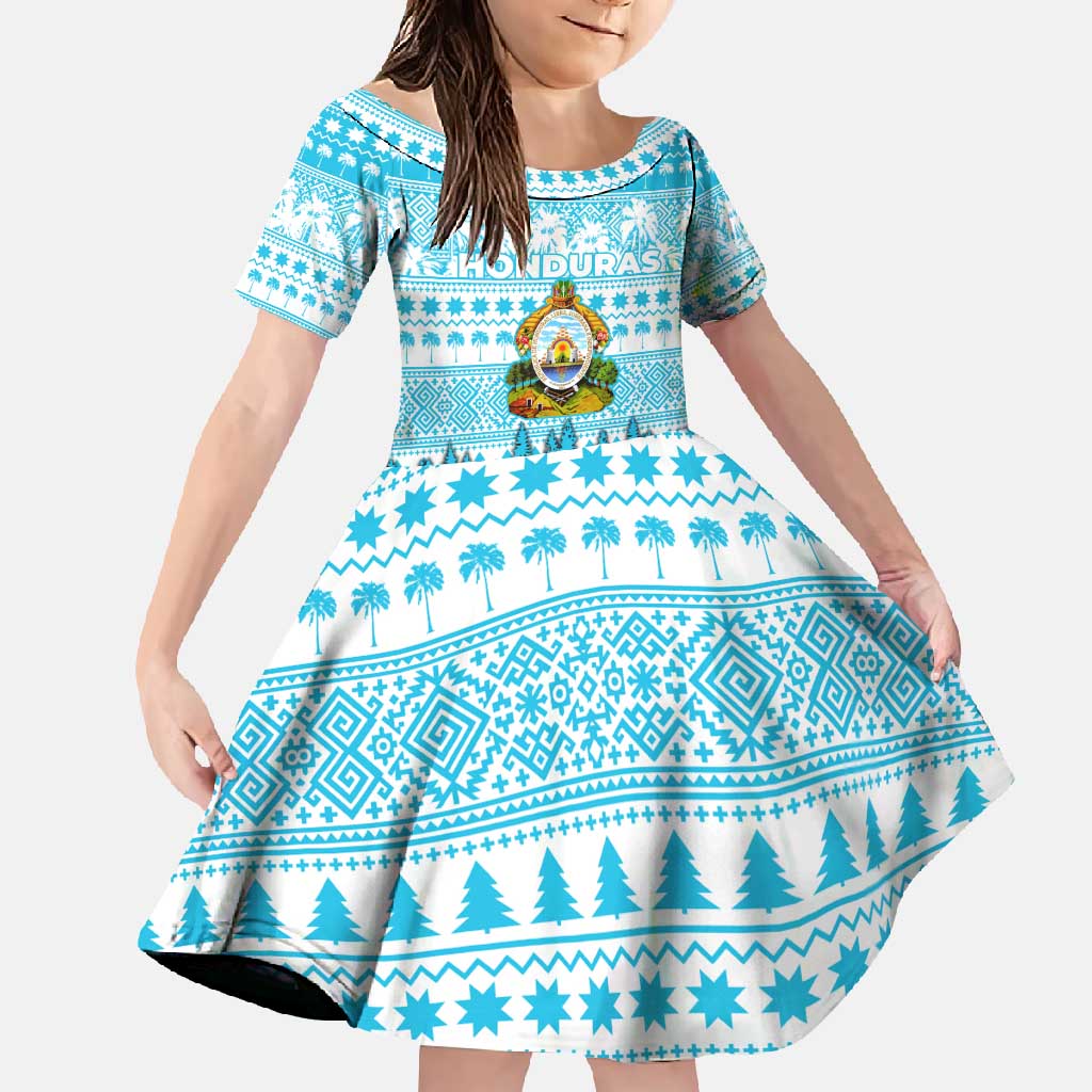 Honduras Christmas Family Matching Off Shoulder Maxi Dress and Hawaiian Shirt with National Emblem Palm Trees and Snowflake Pattern Design - Wonder Print Shop
