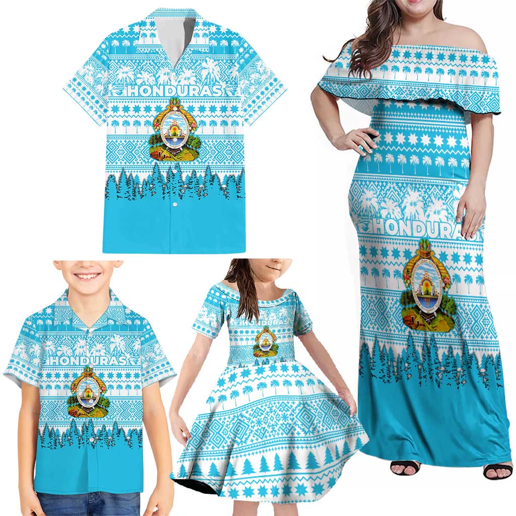 Honduras Christmas Family Matching Off Shoulder Maxi Dress and Hawaiian Shirt with National Emblem Palm Trees and Snowflake Pattern Design - Wonder Print Shop