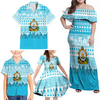 Honduras Christmas Family Matching Off Shoulder Maxi Dress and Hawaiian Shirt with National Emblem Palm Trees and Snowflake Pattern Design - Wonder Print Shop