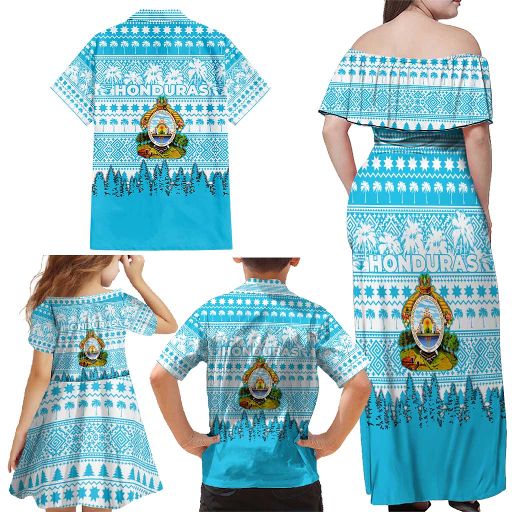Honduras Christmas Family Matching Off Shoulder Maxi Dress and Hawaiian Shirt with National Emblem Palm Trees and Snowflake Pattern Design - Wonder Print Shop