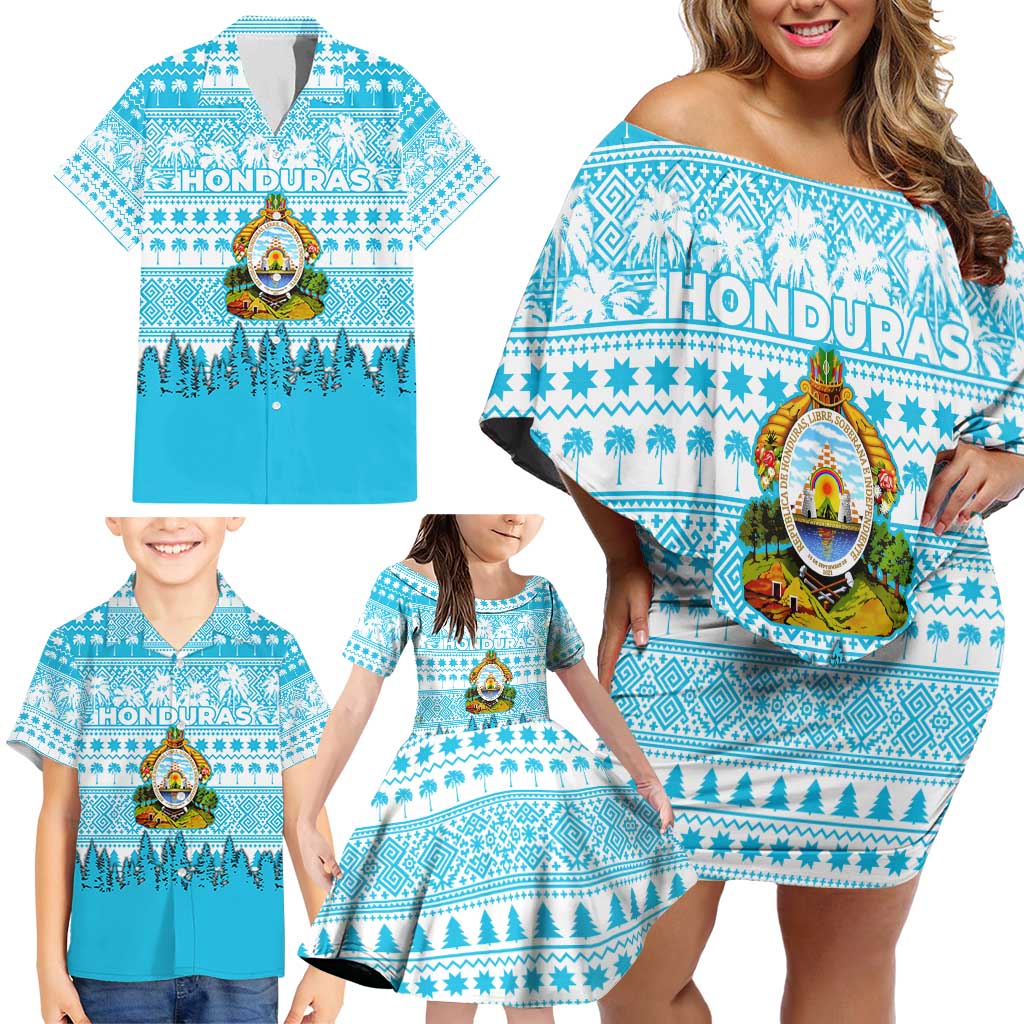 Honduras Christmas Family Matching Off Shoulder Short Dress and Hawaiian Shirt with National Emblem Palm Trees and Snowflake Pattern Design - Wonder Print Shop