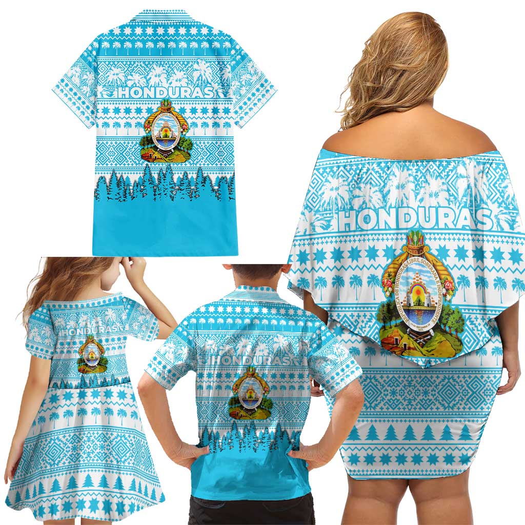 Honduras Christmas Family Matching Off Shoulder Short Dress and Hawaiian Shirt with National Emblem Palm Trees and Snowflake Pattern Design - Wonder Print Shop