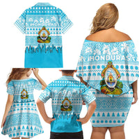 Honduras Christmas Family Matching Off Shoulder Short Dress and Hawaiian Shirt with National Emblem Palm Trees and Snowflake Pattern Design - Wonder Print Shop