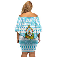 Honduras Christmas Family Matching Off Shoulder Short Dress and Hawaiian Shirt with National Emblem Palm Trees and Snowflake Pattern Design - Wonder Print Shop