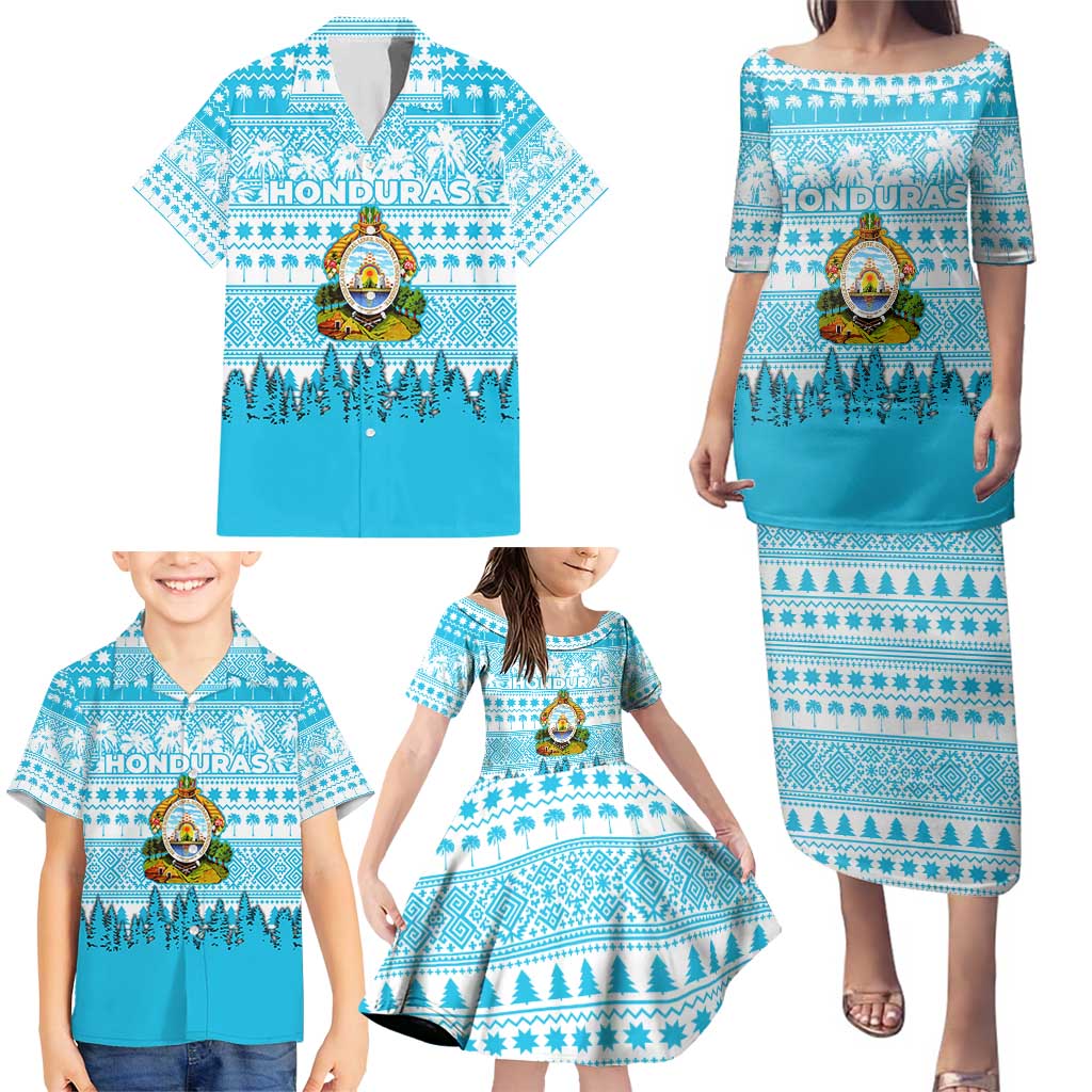 Honduras Christmas Family Matching Puletasi and Hawaiian Shirt with National Emblem Palm Trees and Snowflake Pattern Design - Wonder Print Shop