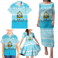Honduras Christmas Family Matching Puletasi and Hawaiian Shirt with National Emblem Palm Trees and Snowflake Pattern Design - Wonder Print Shop