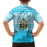 Honduras Christmas Family Matching Short Sleeve Bodycon Dress and Hawaiian Shirt with National Emblem Palm Trees and Snowflake Pattern Design - Wonder Print Shop