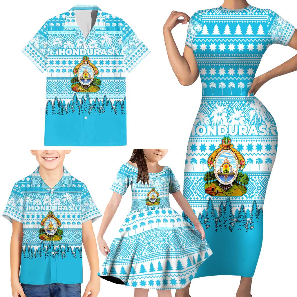 Honduras Christmas Family Matching Short Sleeve Bodycon Dress and Hawaiian Shirt with National Emblem Palm Trees and Snowflake Pattern Design - Wonder Print Shop