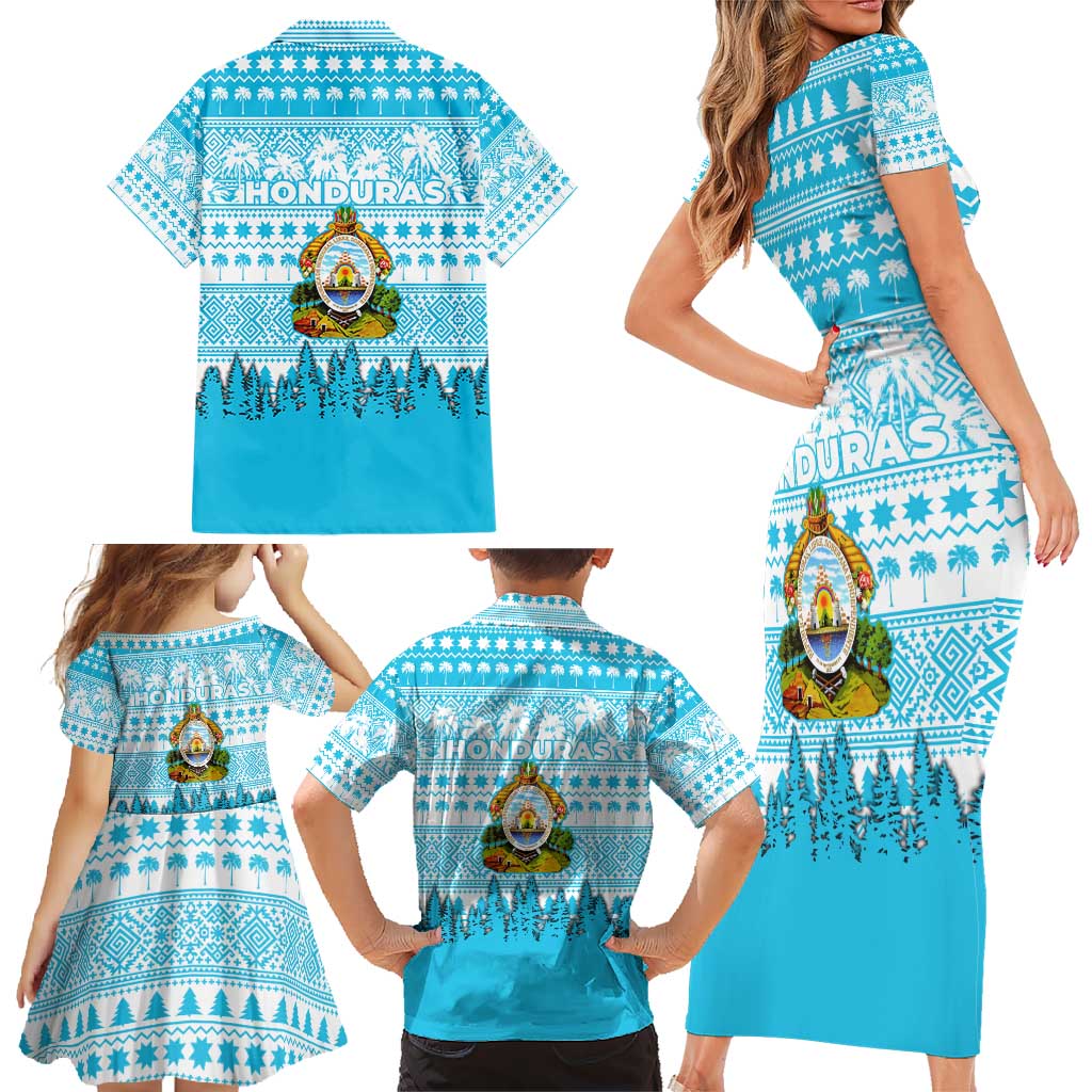 Honduras Christmas Family Matching Short Sleeve Bodycon Dress and Hawaiian Shirt with National Emblem Palm Trees and Snowflake Pattern Design - Wonder Print Shop