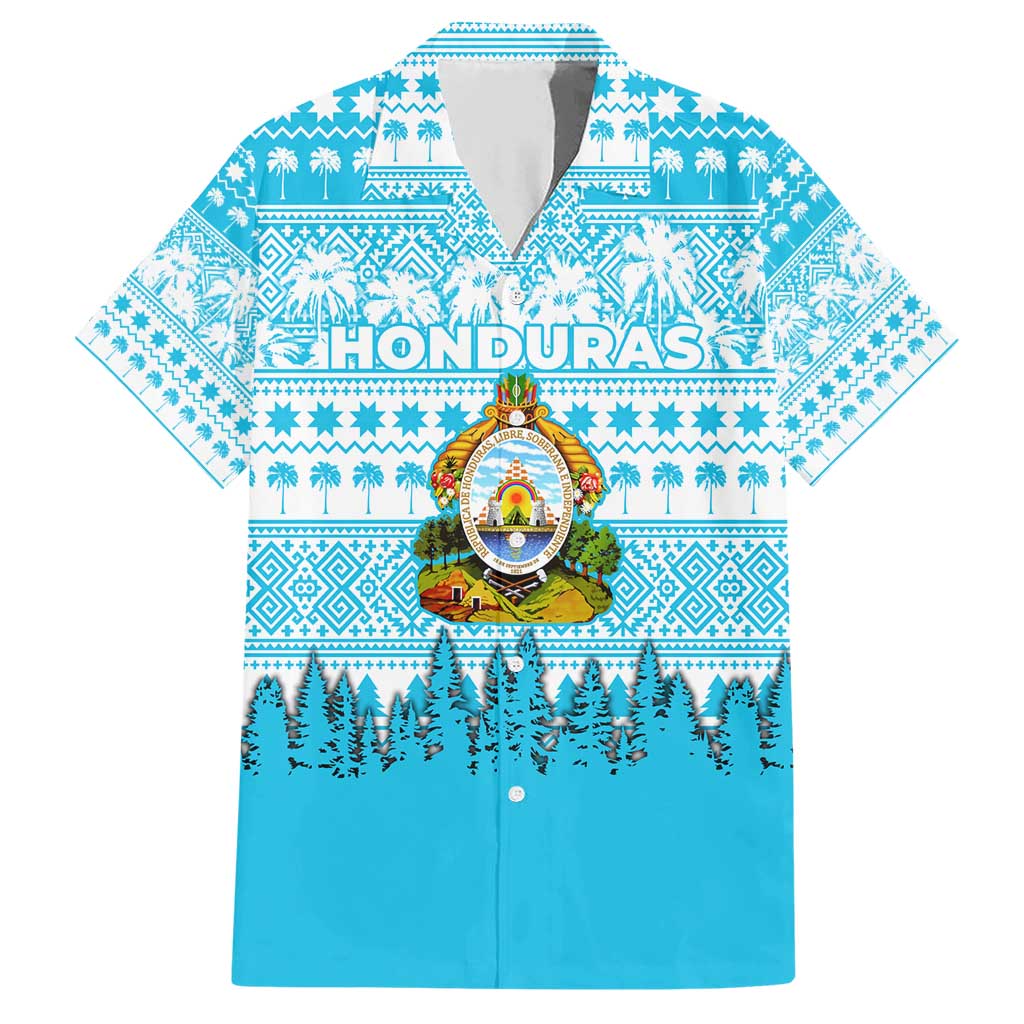 Honduras Christmas Family Matching Short Sleeve Bodycon Dress and Hawaiian Shirt with National Emblem Palm Trees and Snowflake Pattern Design - Wonder Print Shop