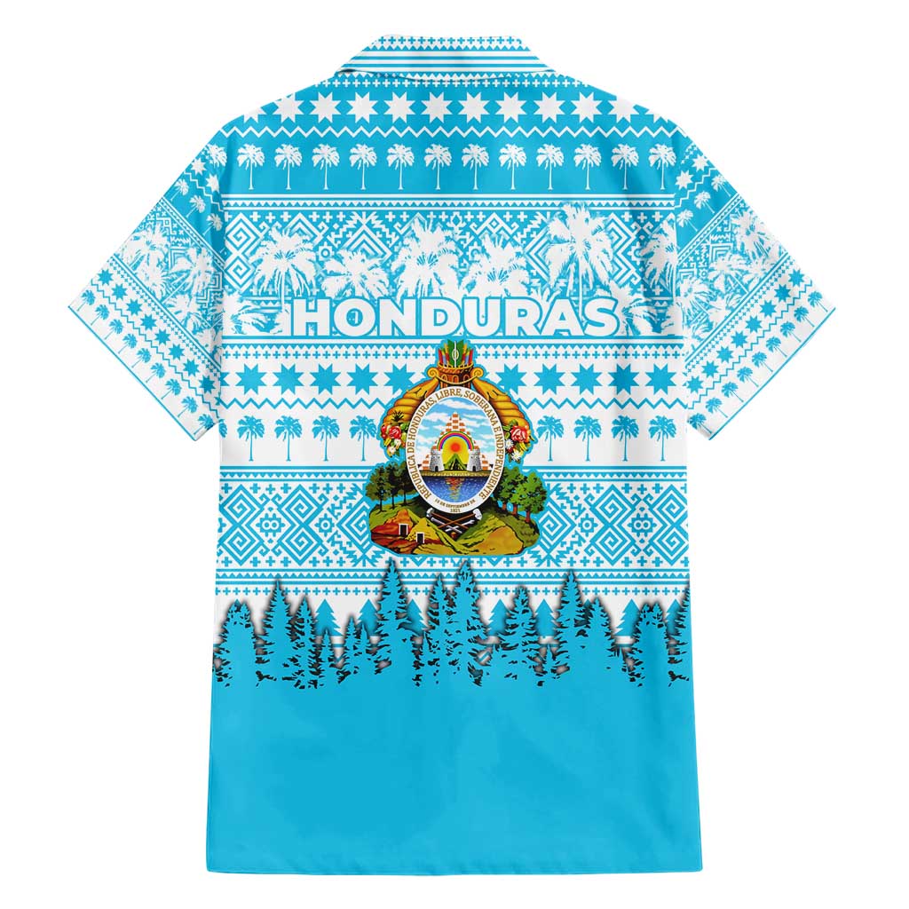 Honduras Christmas Family Matching Short Sleeve Bodycon Dress and Hawaiian Shirt with National Emblem Palm Trees and Snowflake Pattern Design - Wonder Print Shop