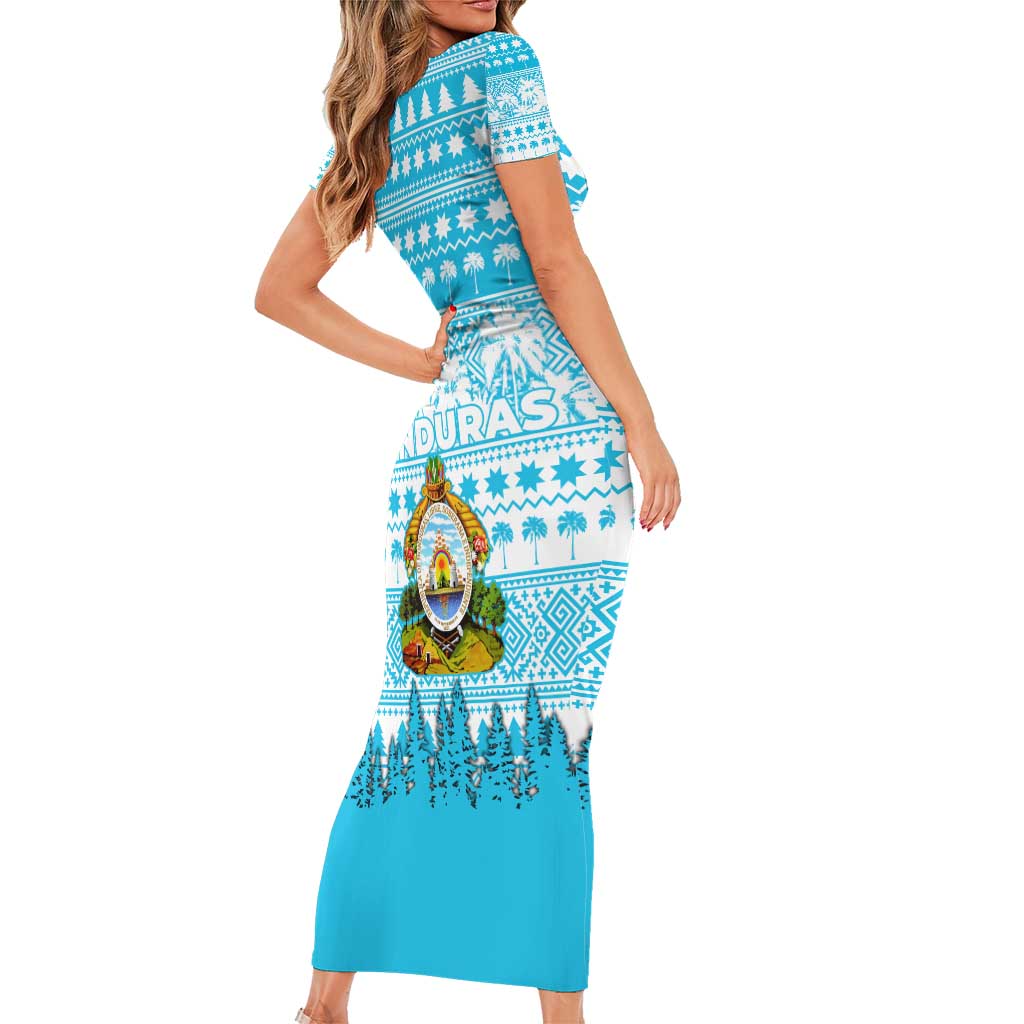 Honduras Christmas Family Matching Short Sleeve Bodycon Dress and Hawaiian Shirt with National Emblem Palm Trees and Snowflake Pattern Design - Wonder Print Shop