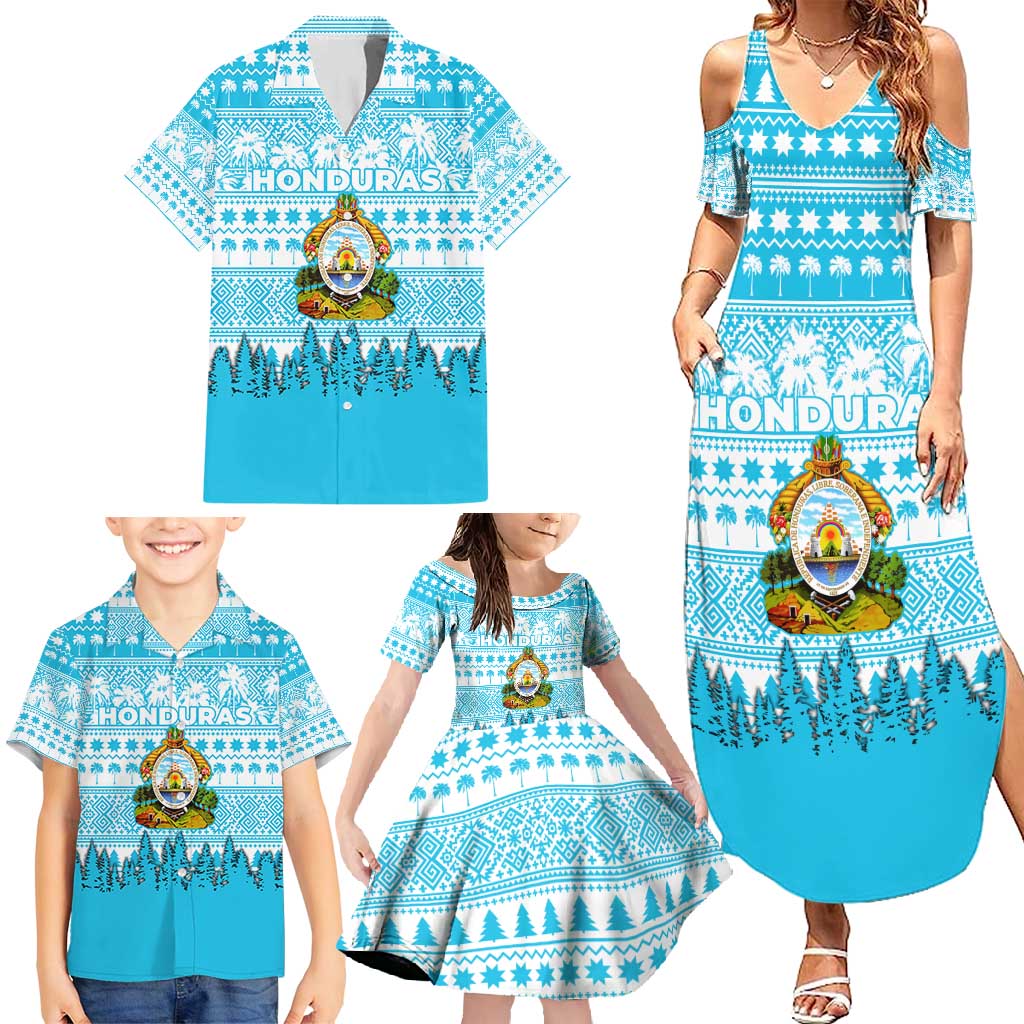 Honduras Christmas Family Matching Summer Maxi Dress and Hawaiian Shirt with National Emblem Palm Trees and Snowflake Pattern Design - Wonder Print Shop