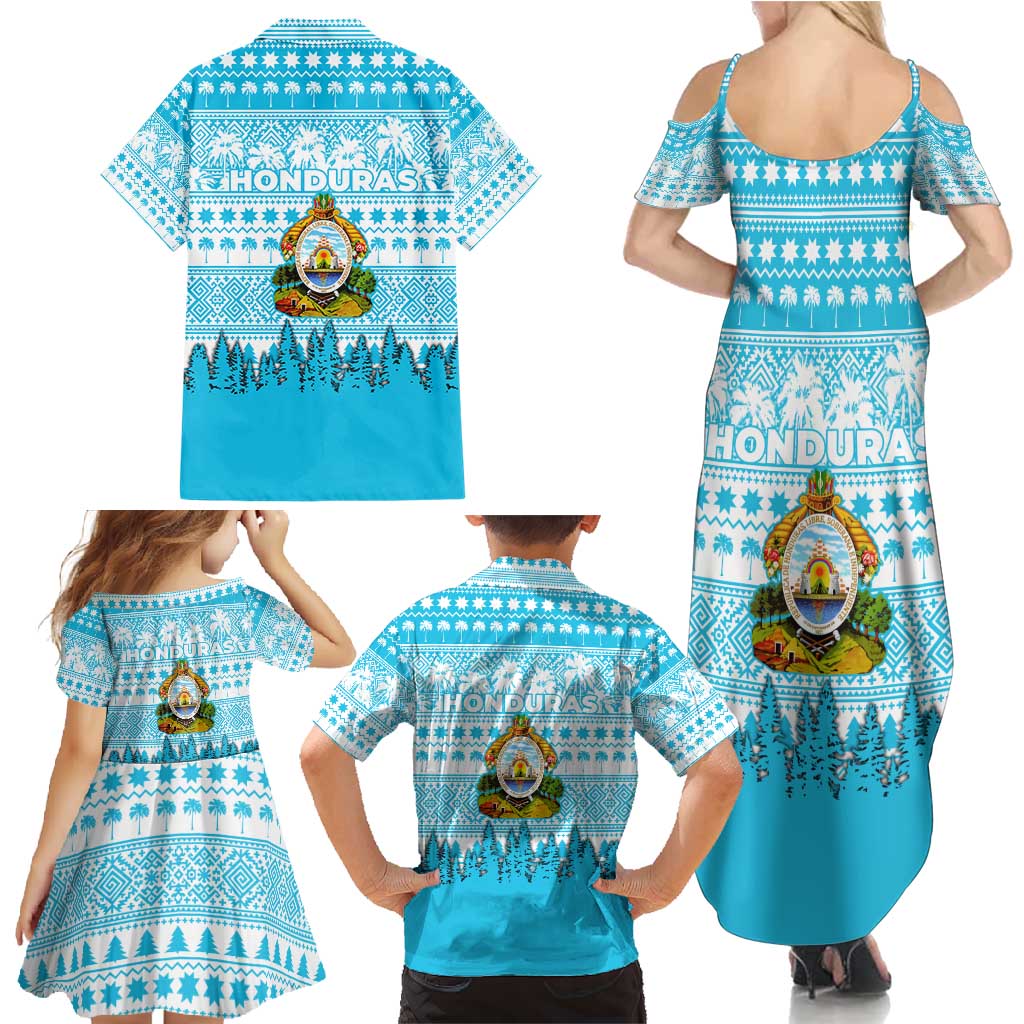 Honduras Christmas Family Matching Summer Maxi Dress and Hawaiian Shirt with National Emblem Palm Trees and Snowflake Pattern Design - Wonder Print Shop