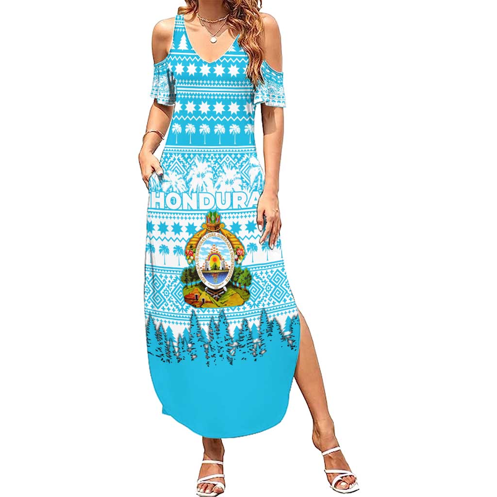Honduras Christmas Family Matching Summer Maxi Dress and Hawaiian Shirt with National Emblem Palm Trees and Snowflake Pattern Design - Wonder Print Shop