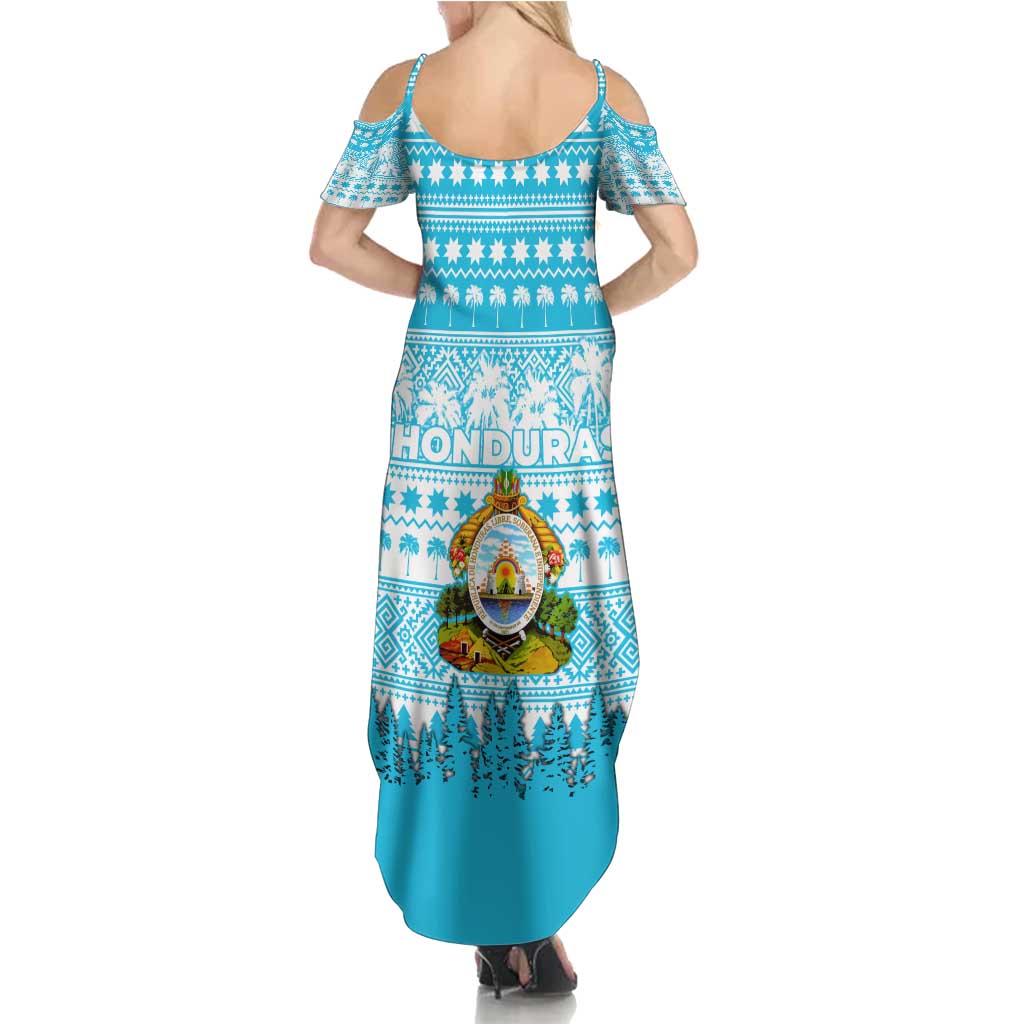 Honduras Christmas Family Matching Summer Maxi Dress and Hawaiian Shirt with National Emblem Palm Trees and Snowflake Pattern Design - Wonder Print Shop