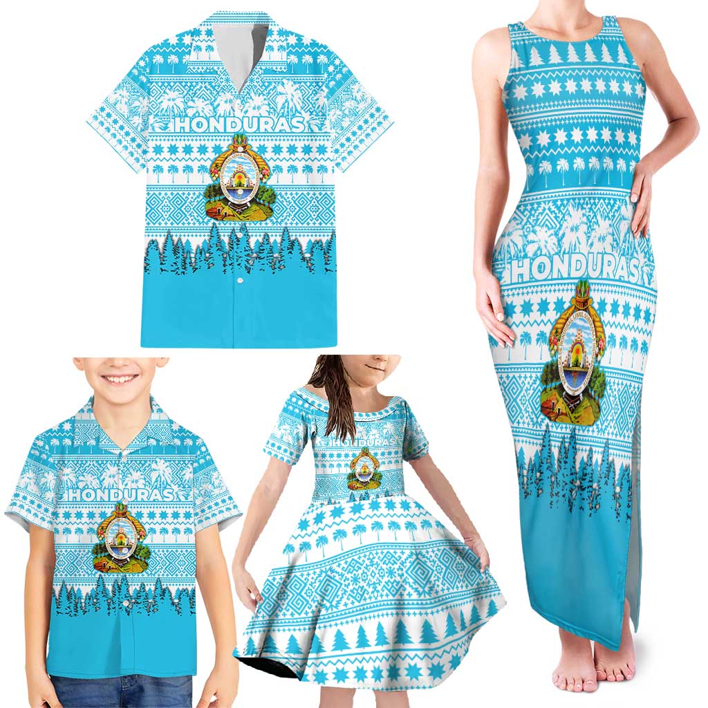 Honduras Christmas Family Matching Tank Maxi Dress and Hawaiian Shirt with National Emblem Palm Trees and Snowflake Pattern Design - Wonder Print Shop