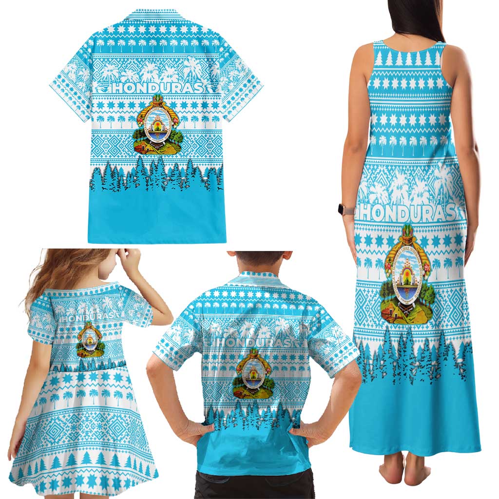 Honduras Christmas Family Matching Tank Maxi Dress and Hawaiian Shirt with National Emblem Palm Trees and Snowflake Pattern Design - Wonder Print Shop