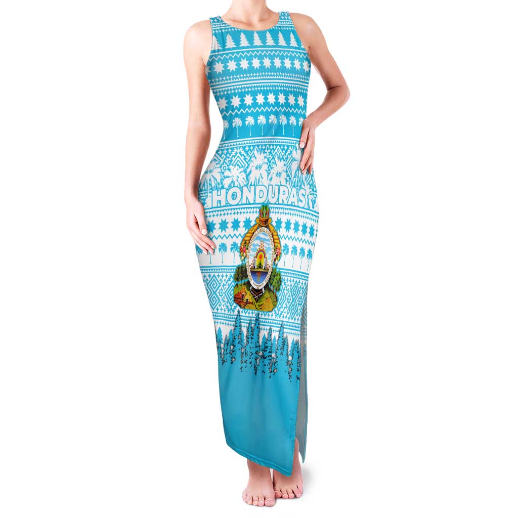 Honduras Christmas Family Matching Tank Maxi Dress and Hawaiian Shirt with National Emblem Palm Trees and Snowflake Pattern Design - Wonder Print Shop