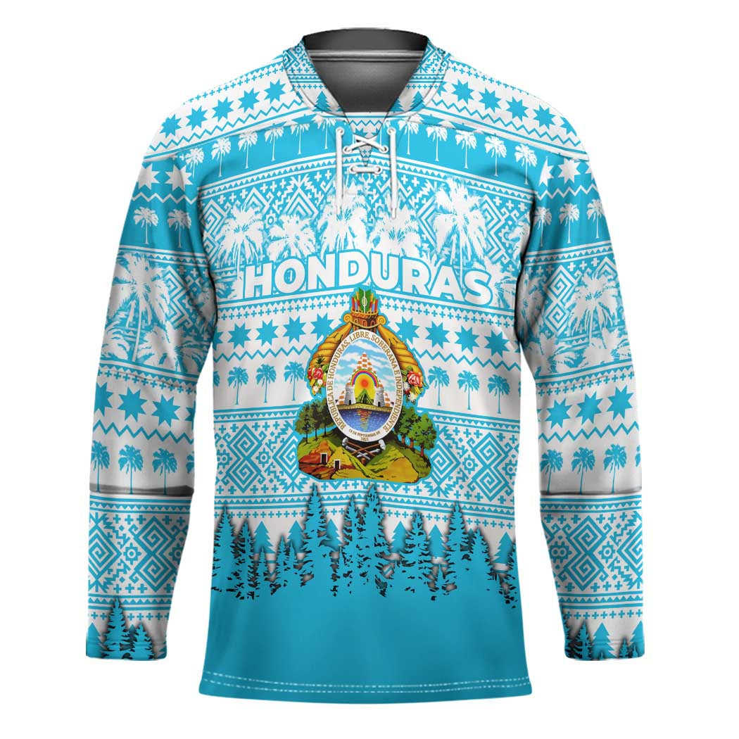 Honduras Christmas Hockey Jersey with National Emblem Palm Trees and Snowflake Pattern Design - Wonder Print Shop