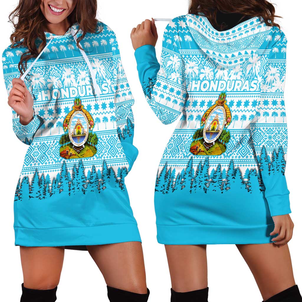 Honduras Christmas Hoodie Dress with National Emblem Palm Trees and Snowflake Pattern Design - Wonder Print Shop