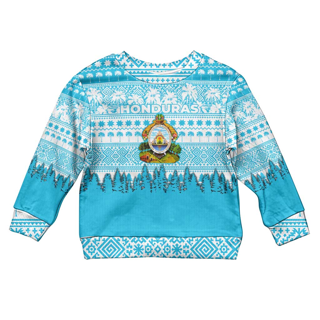 Honduras Christmas Kid Ugly Christmas Sweater with National Emblem Palm Trees and Snowflake Pattern Design - Wonder Print Shop
