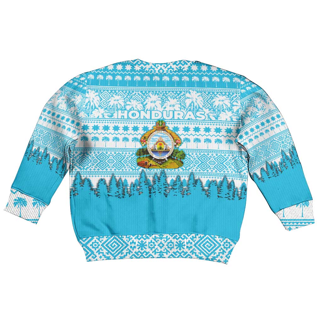Honduras Christmas Kid Ugly Christmas Sweater with National Emblem Palm Trees and Snowflake Pattern Design - Wonder Print Shop